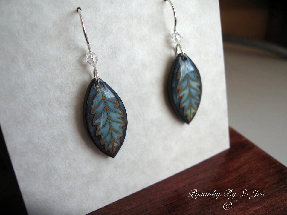 Little Blue Variagated Leaf Earrings Pysanky By So Jeo